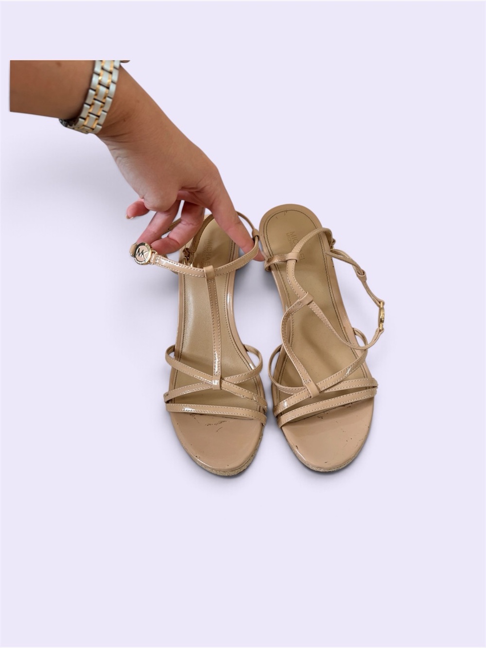 Michael Kors Nude Patent Leather T-Strap Sandal Wedges